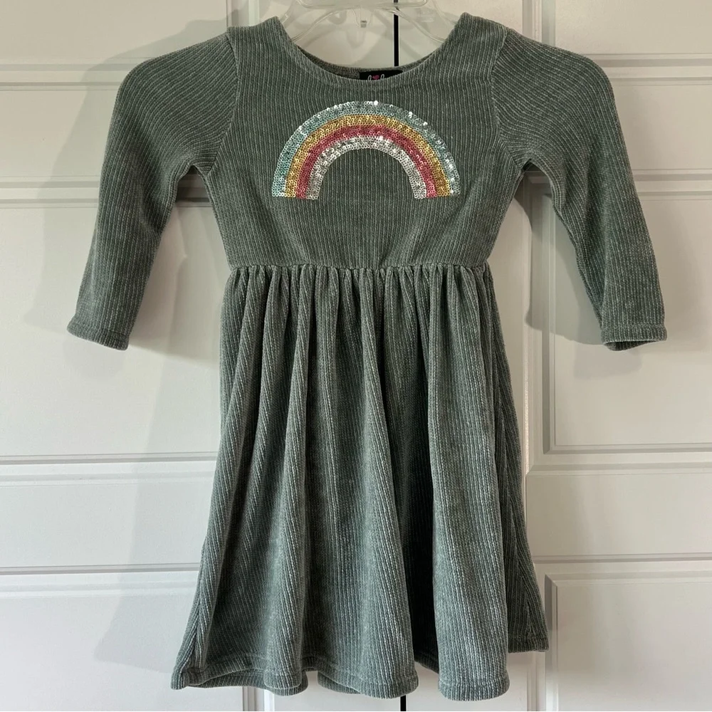 Lilt Girls Dress Size‎ 5T Green Corduroy Rainbow Sequin Long Sleeve Casual